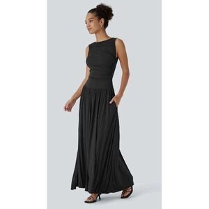 Halara Womens Black Sleeveless Ruched Maxi Dress with Pockets Large